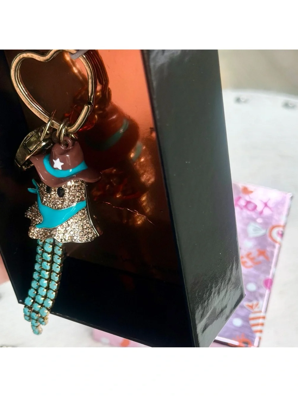 Betsey Johnson Ghost Cowboy Bag Charm Keychain Gold Crystal Turquoise Fringe NIB
